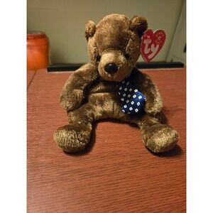 Ty Beanie Baby Hero the Bear Brown Plush with Blue Polka Dot Tie Collectible Toy